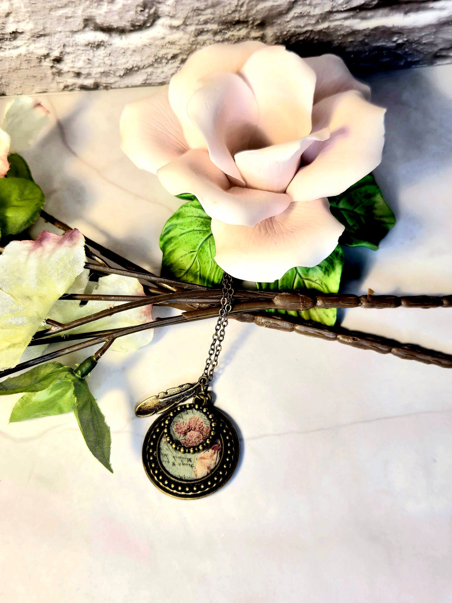 Vintage Floral Pendant Necklace: Pink Flower Illustration, Feather Charm