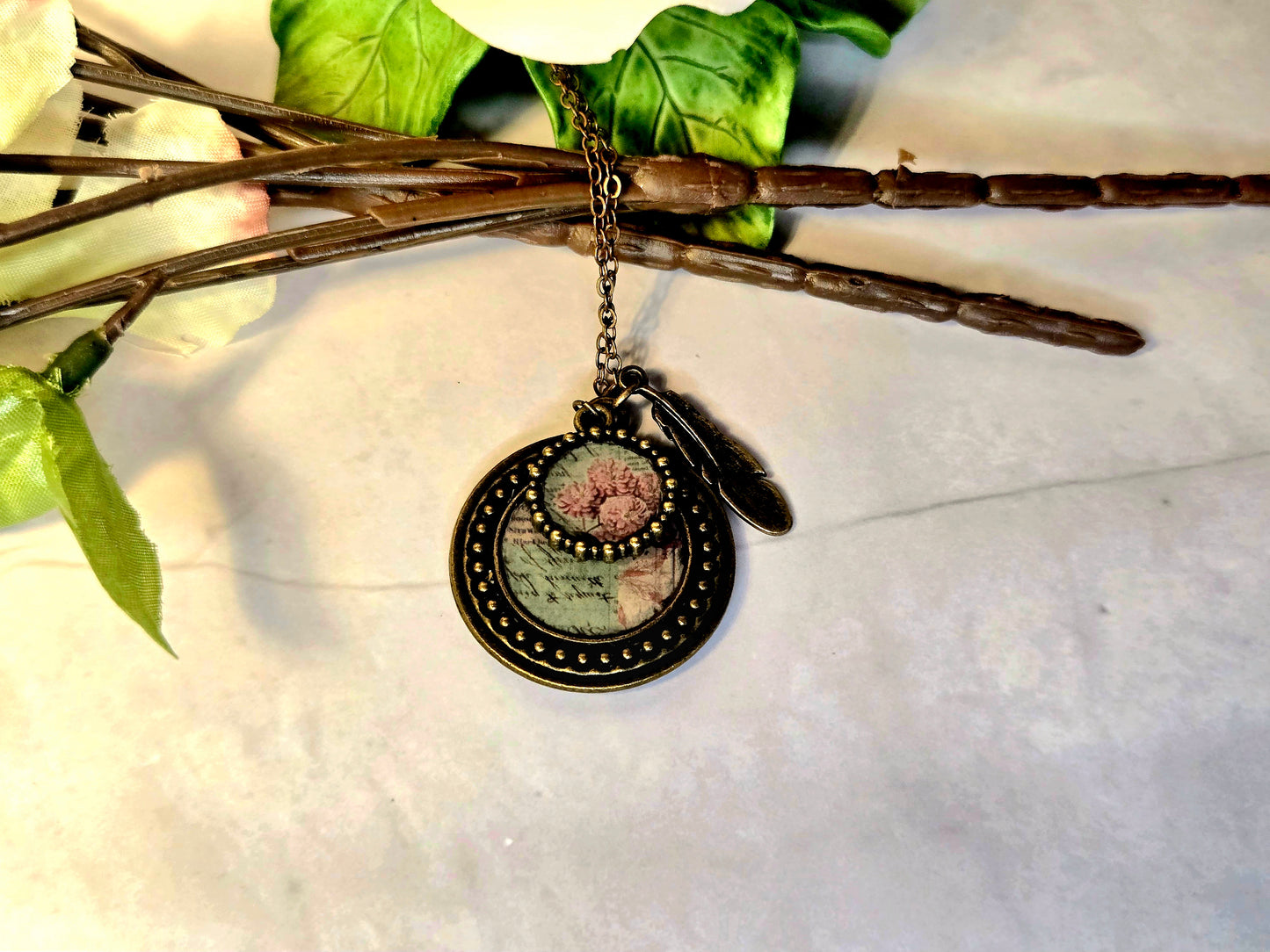 Vintage Floral Pendant Necklace: Pink Flower Illustration, Feather Charm
