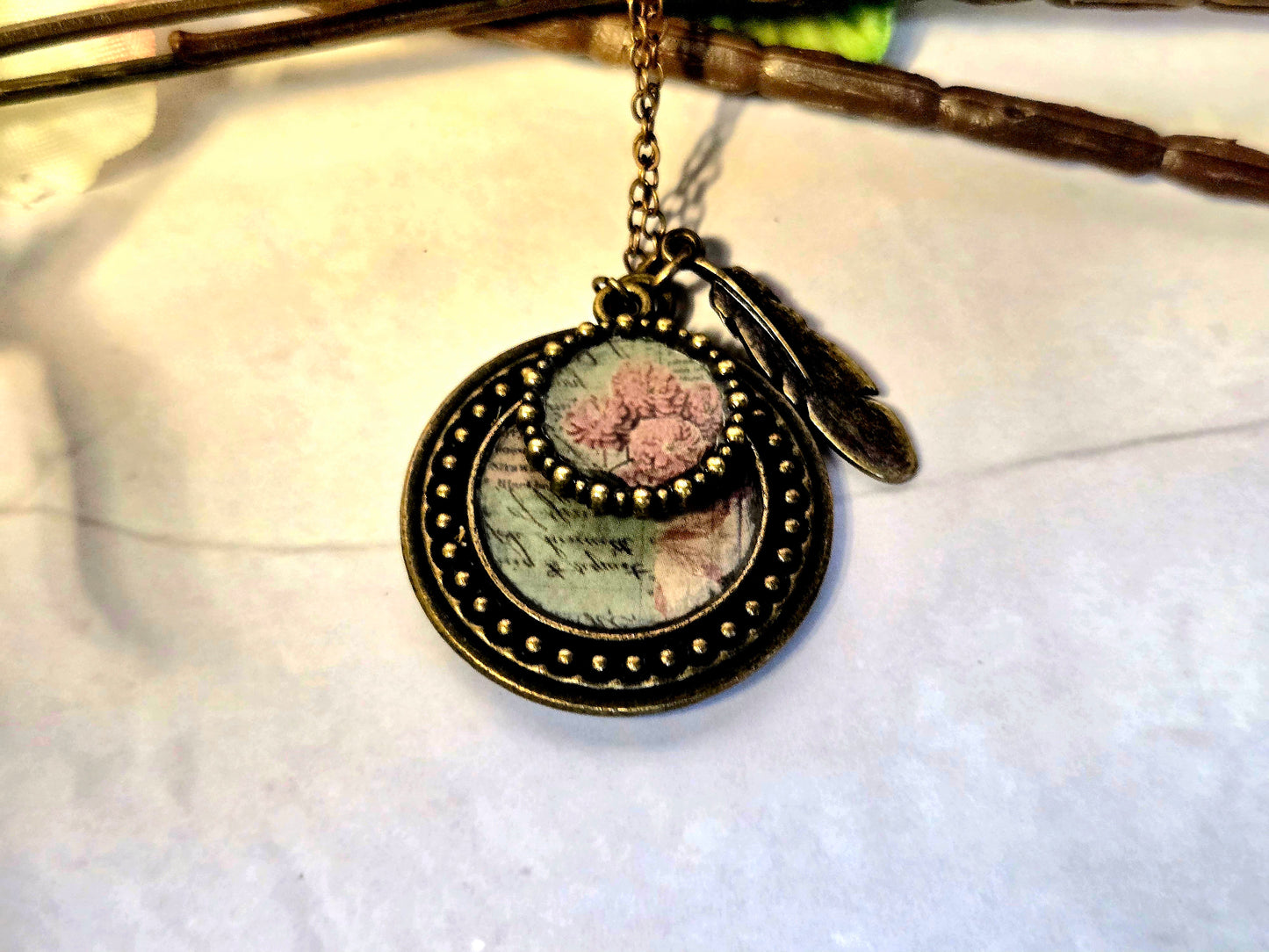 Vintage Floral Pendant Necklace: Pink Flower Illustration, Feather Charm