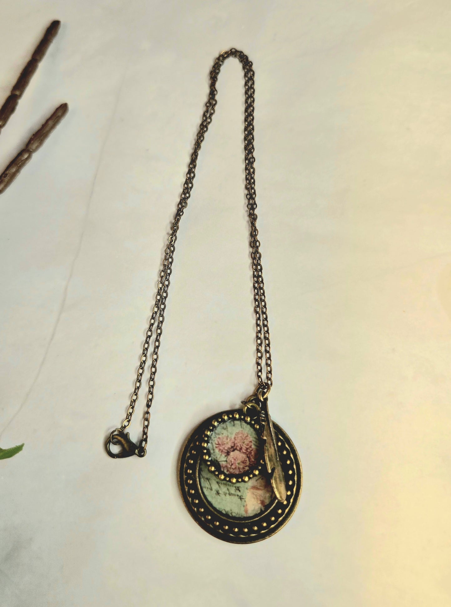 Vintage Floral Pendant Necklace: Pink Flower Illustration, Feather Charm
