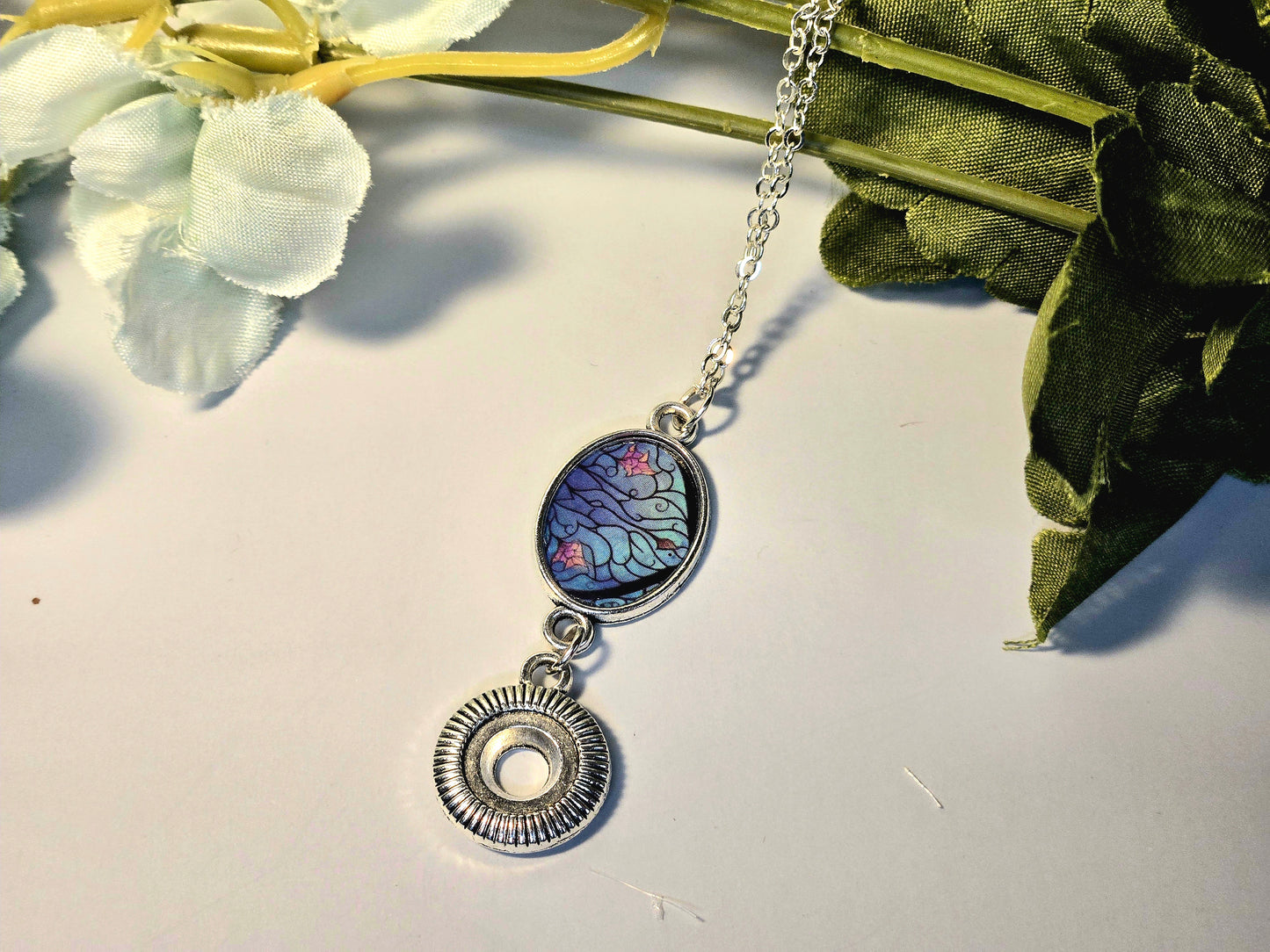 Stained Glass Style Pendant Necklace with Gear Charm – Handmade Silver Chain Jewelry
