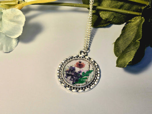 Wildflower Pendant Necklace: Real Dried Blooms, Silver Frame