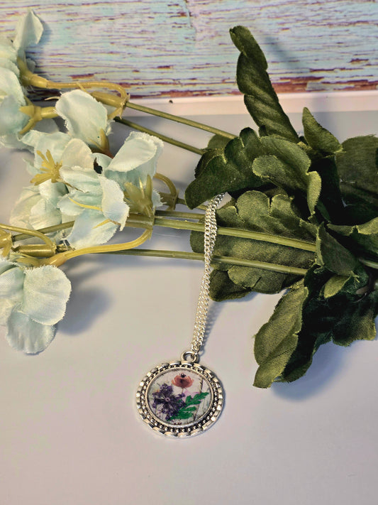 Wildflower Pendant Necklace: Real Dried Blooms, Silver Frame