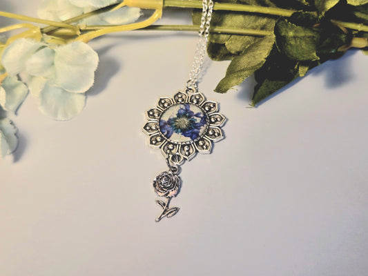 Blue Flower Necklace • Sunburst Pendant with Rose Charm • Vintage Floral Jewelry