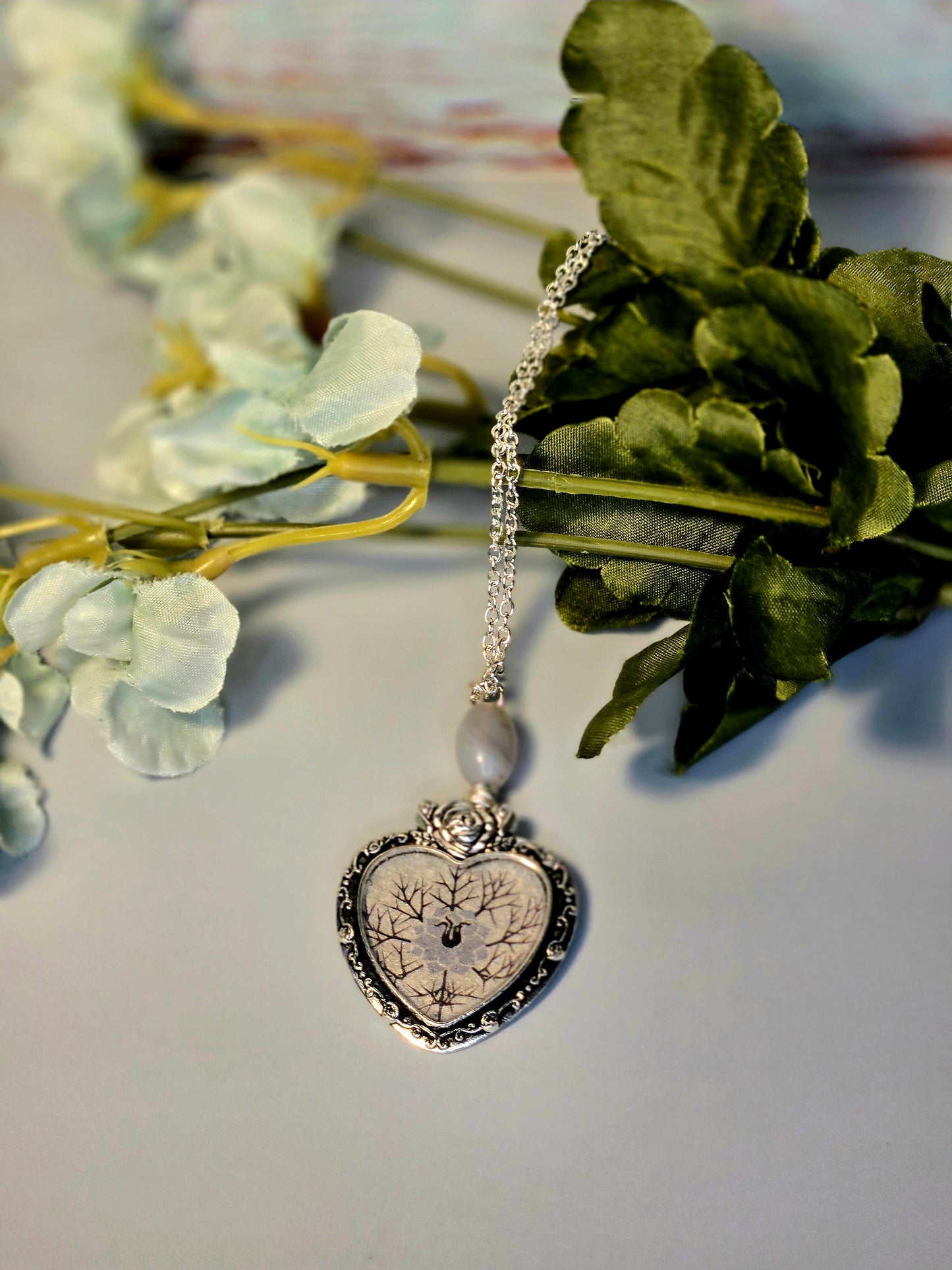 Heart Pendant Necklace – Silver Frame with Tree & Floral Design