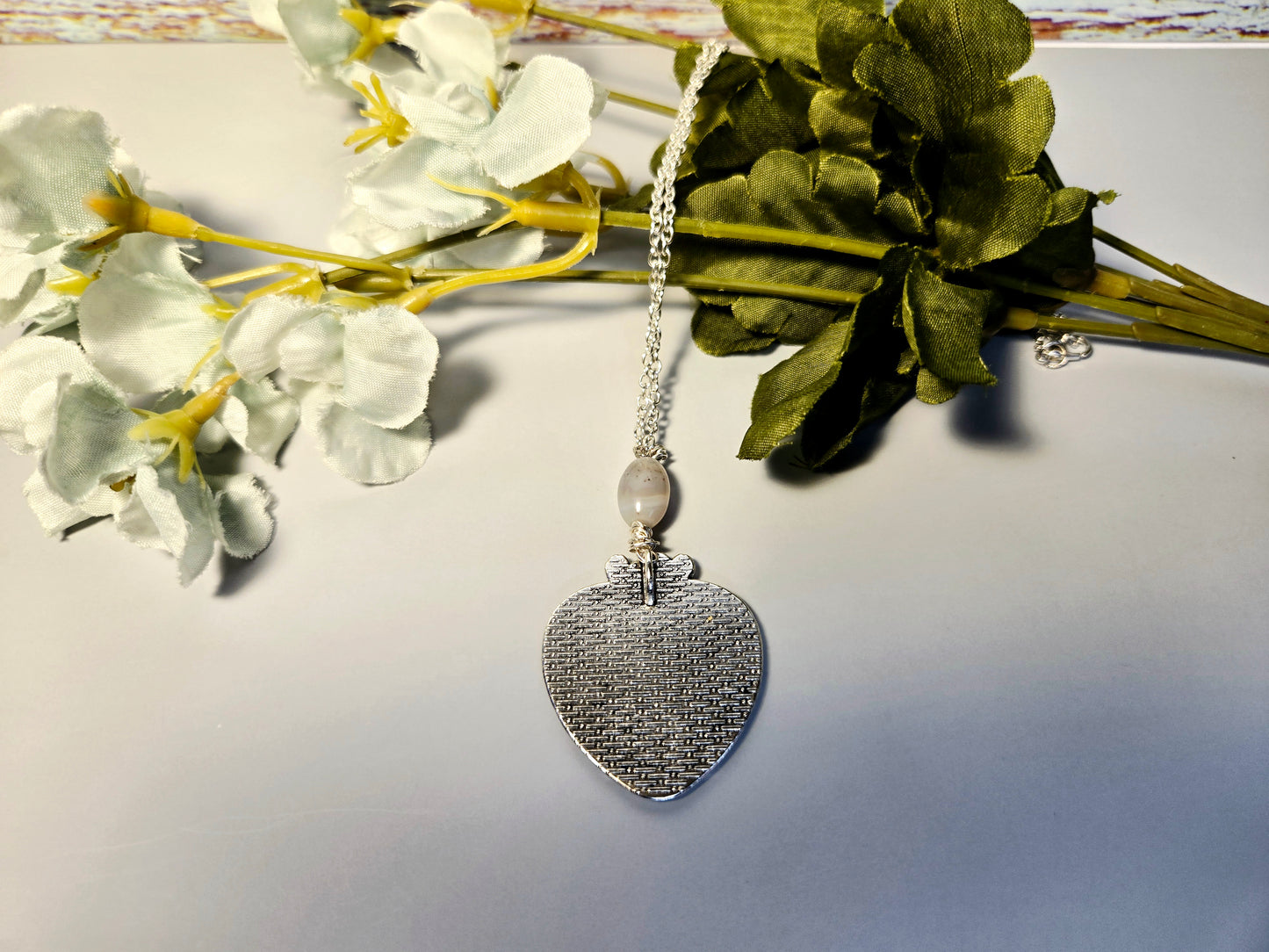 Heart Pendant Necklace – Silver Frame with Tree & Floral Design