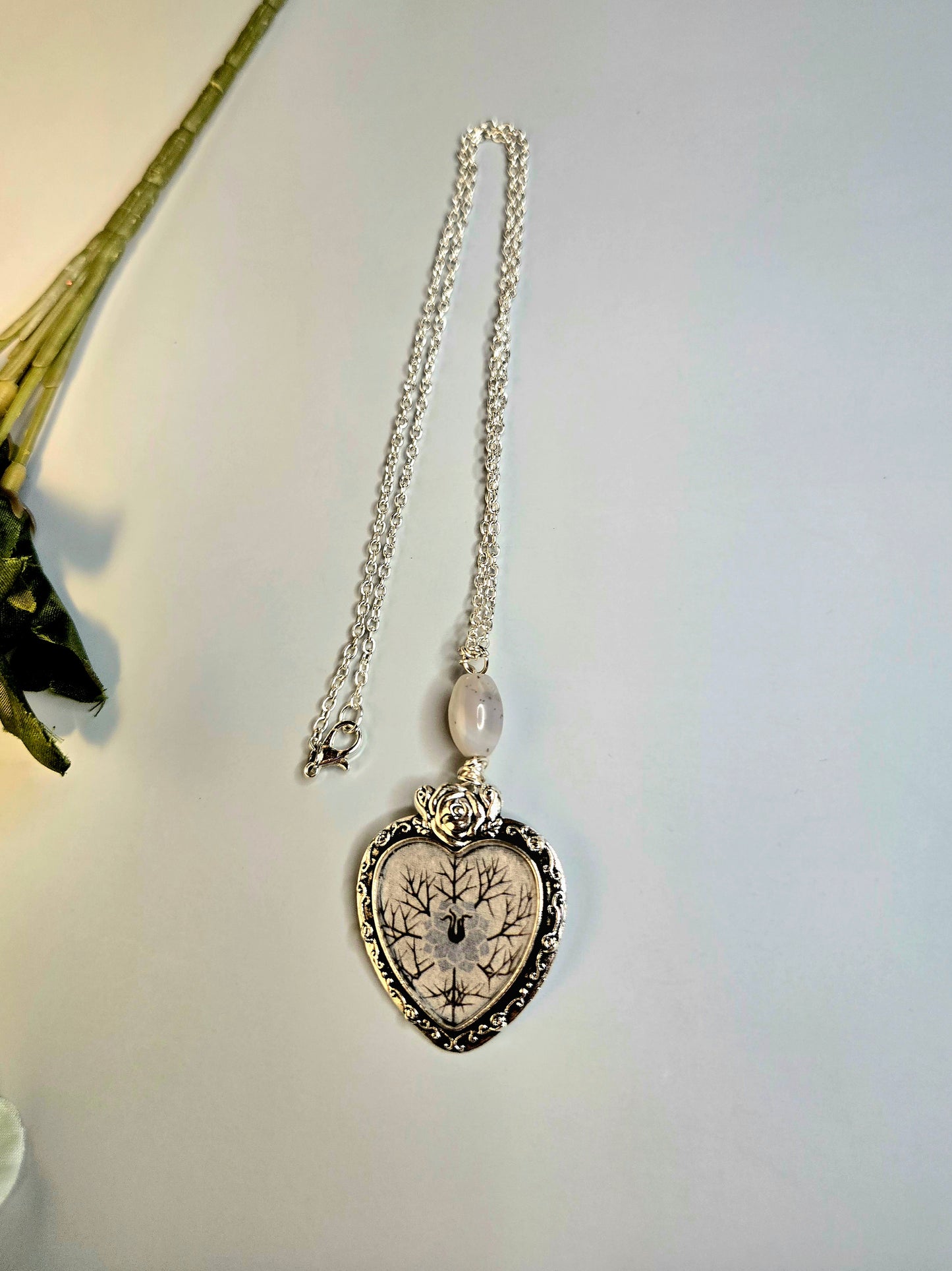 Heart Pendant Necklace – Silver Frame with Tree & Floral Design
