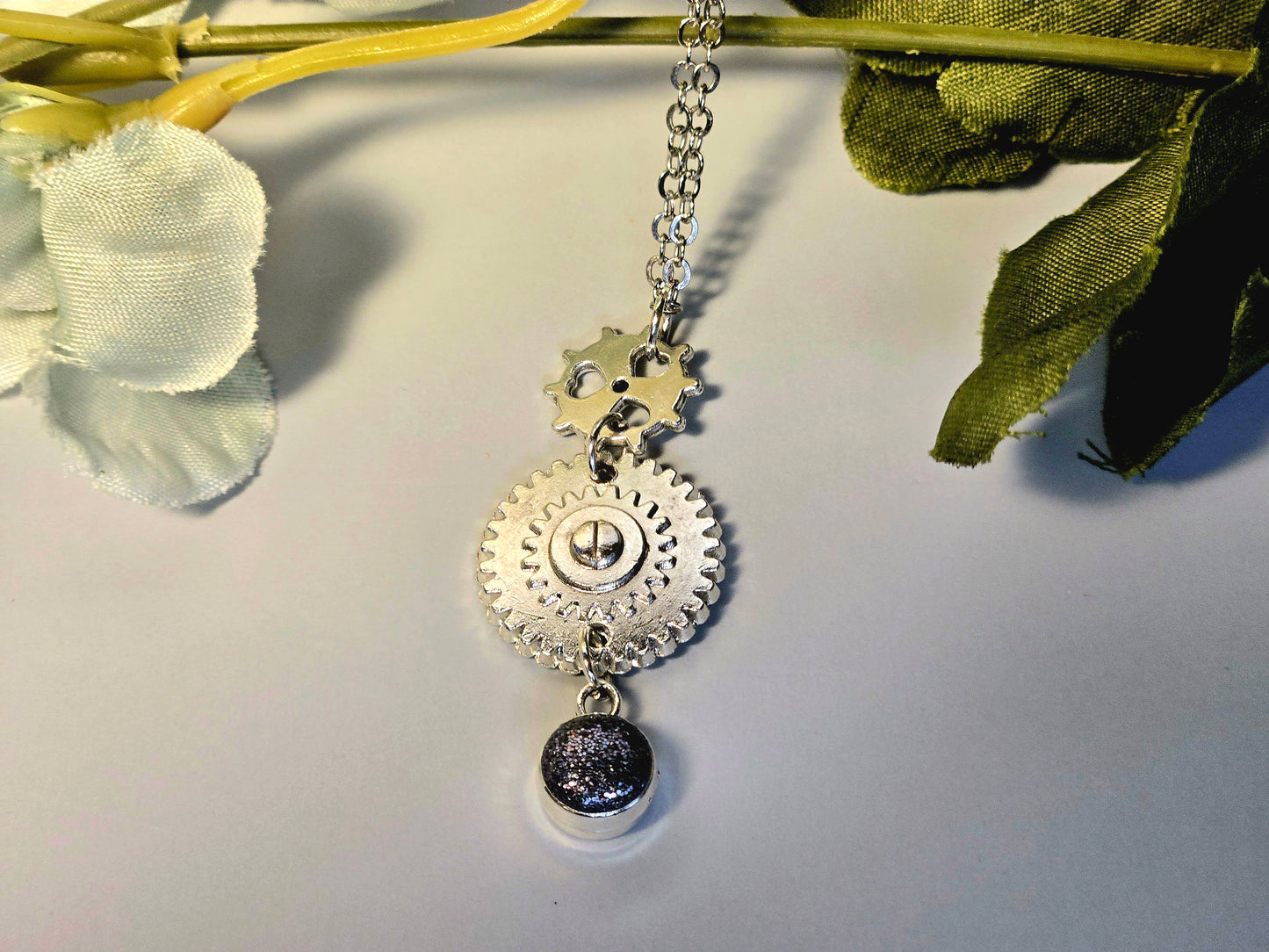 Steampunk Gear Necklace: Silver Industrial Pendant with Charm Detail