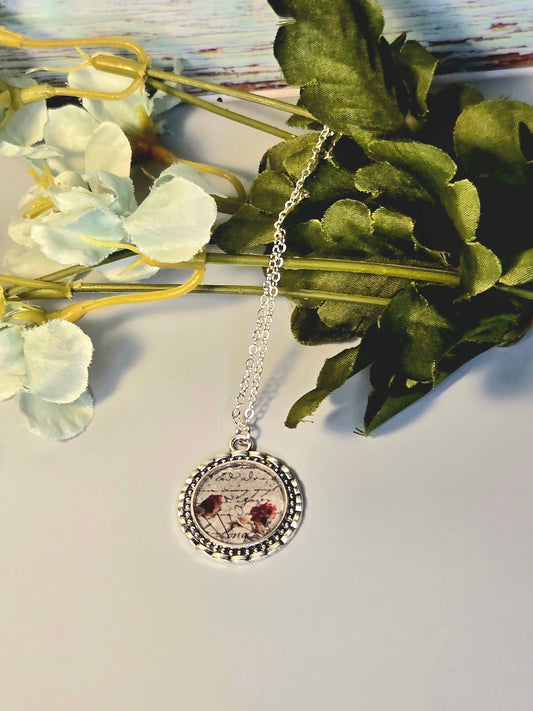 Vintage Rose Pendant Necklace: Antique Silver Script Jewelry