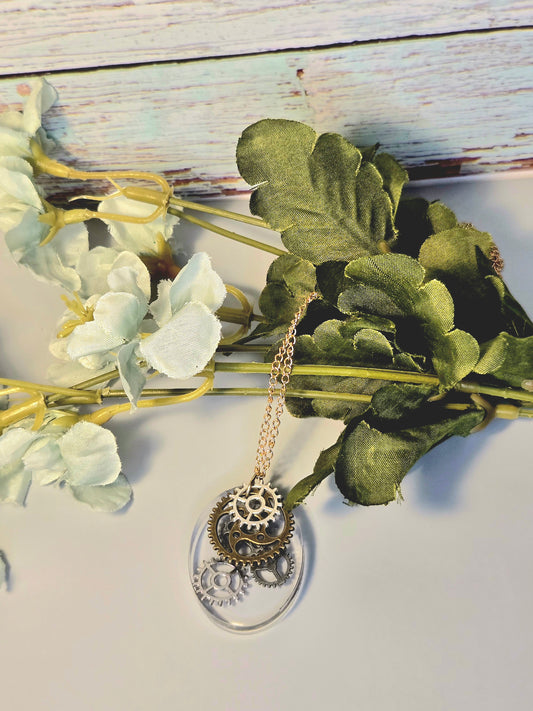 Steampunk Gear Necklace: Gold & Silver Resin Pendant
