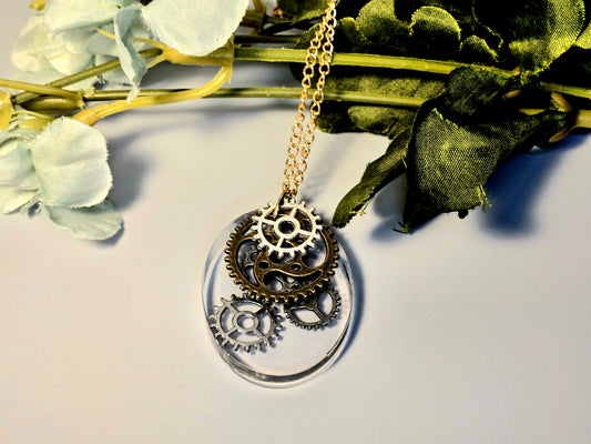 Steampunk Gear Necklace: Gold & Silver Resin Pendant
