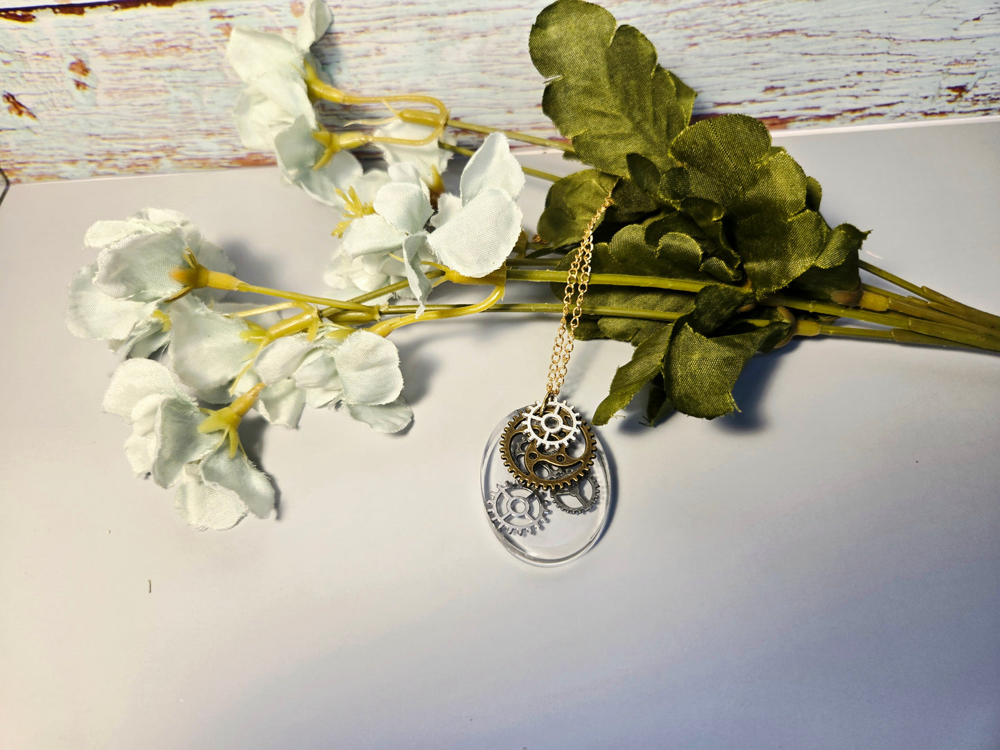 Steampunk Gear Necklace: Gold & Silver Resin Pendant