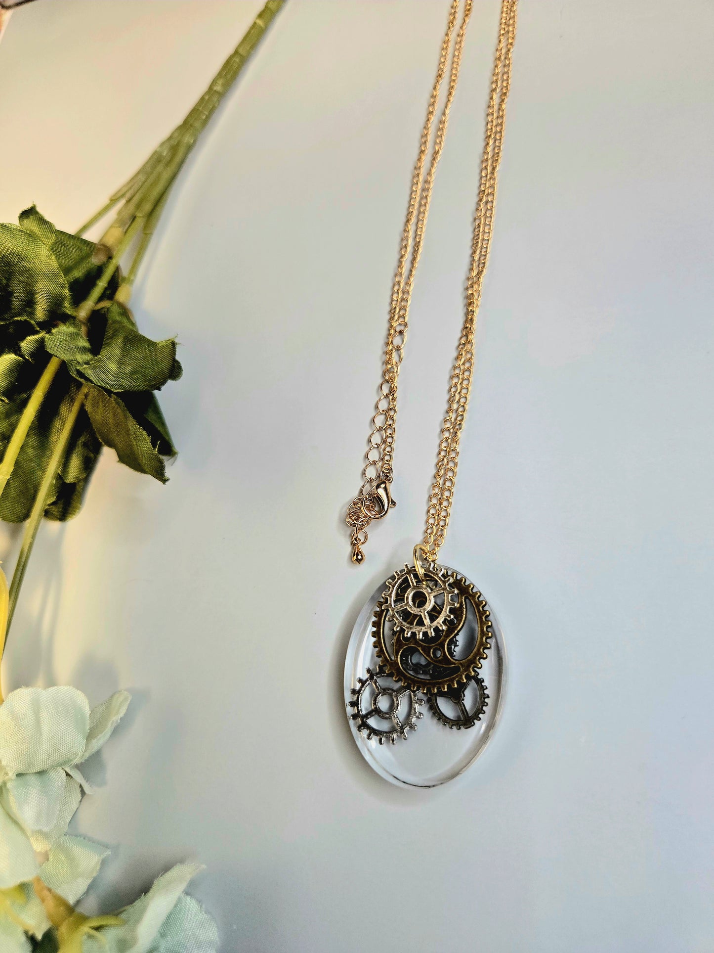 Steampunk Gear Necklace: Gold & Silver Resin Pendant