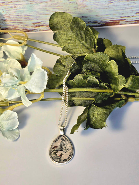 Whimsical Teardrop Pendant Necklace: Vintage Bird Collage, Resin Charm