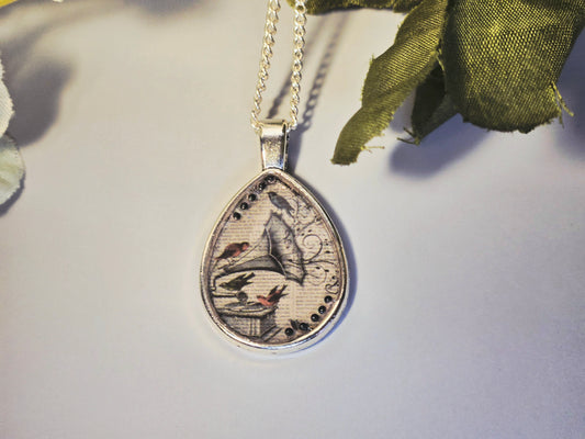 Whimsical Teardrop Pendant Necklace: Vintage Bird Collage, Resin Charm