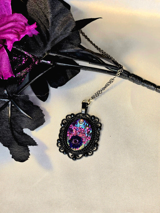 Galaxy Pendant Necklace – Cosmic Purple Nebula Jewelry in Vintage Silver Frame