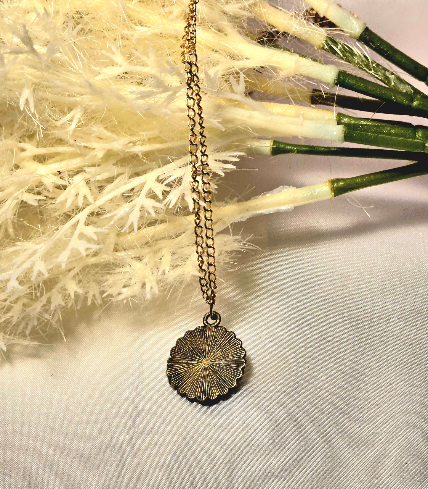 Pressed Yellow Flower Necklace – Vintage Bronze Botanical Pendant with Script Background