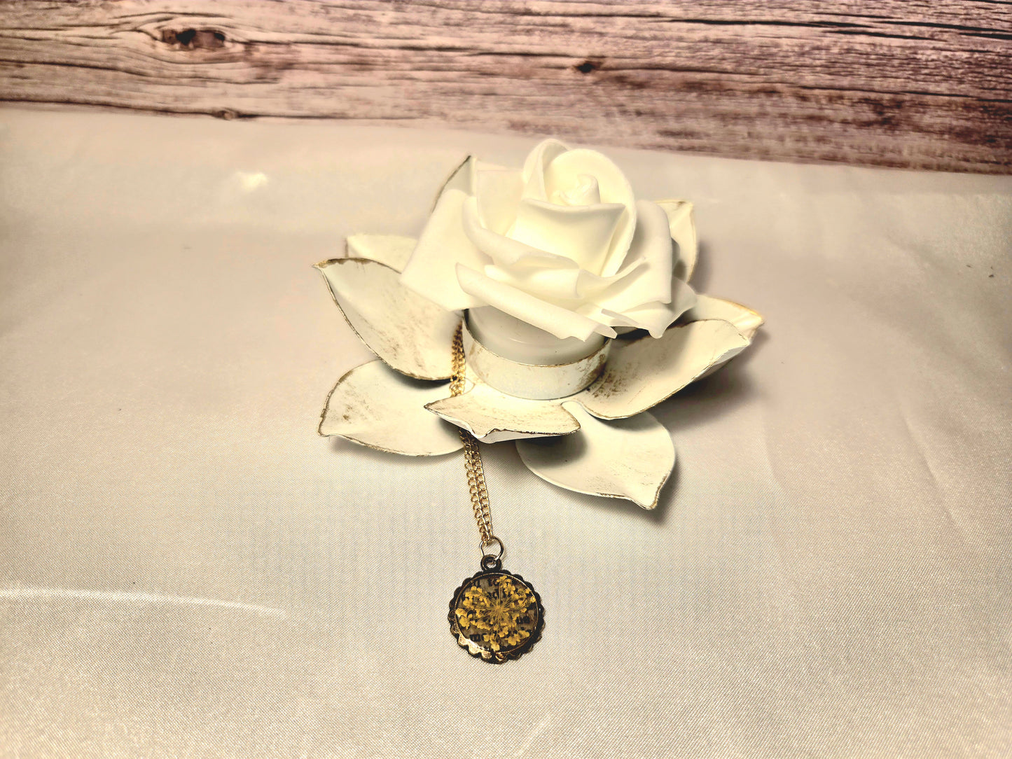 Pressed Yellow Flower Necklace – Vintage Bronze Botanical Pendant with Script Background