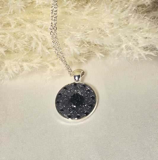 Silver Glitter Pendant Necklace with Black Rose Detail