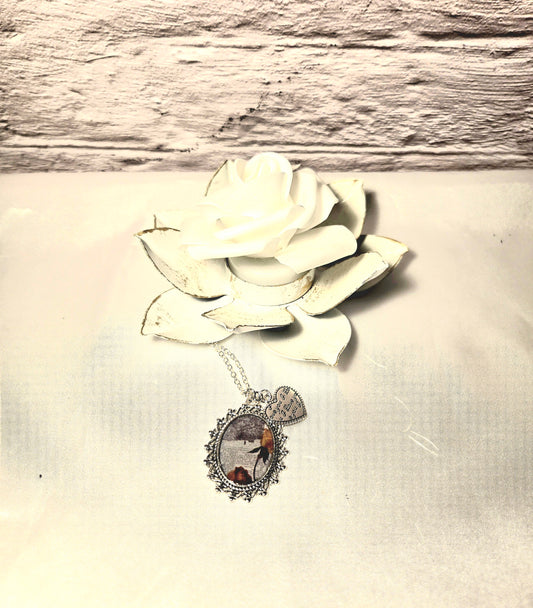 Pressed Rose Necklace with Heart Charm – Vintage Script Pendant in Silver