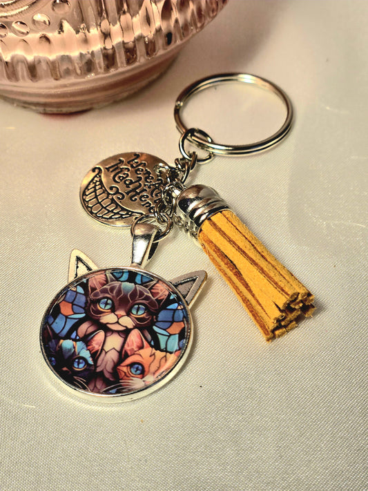 Stained Glass Cat Trio Keychain – Cute Cat Lover Gift with Tassel Charm