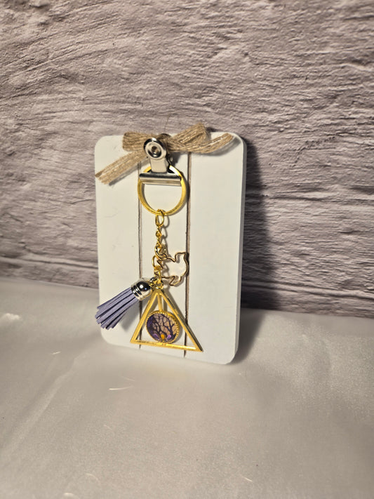 Geometric Triangle Keychain with Purple Pendant & Tassel – Boho Chic Charm Gift