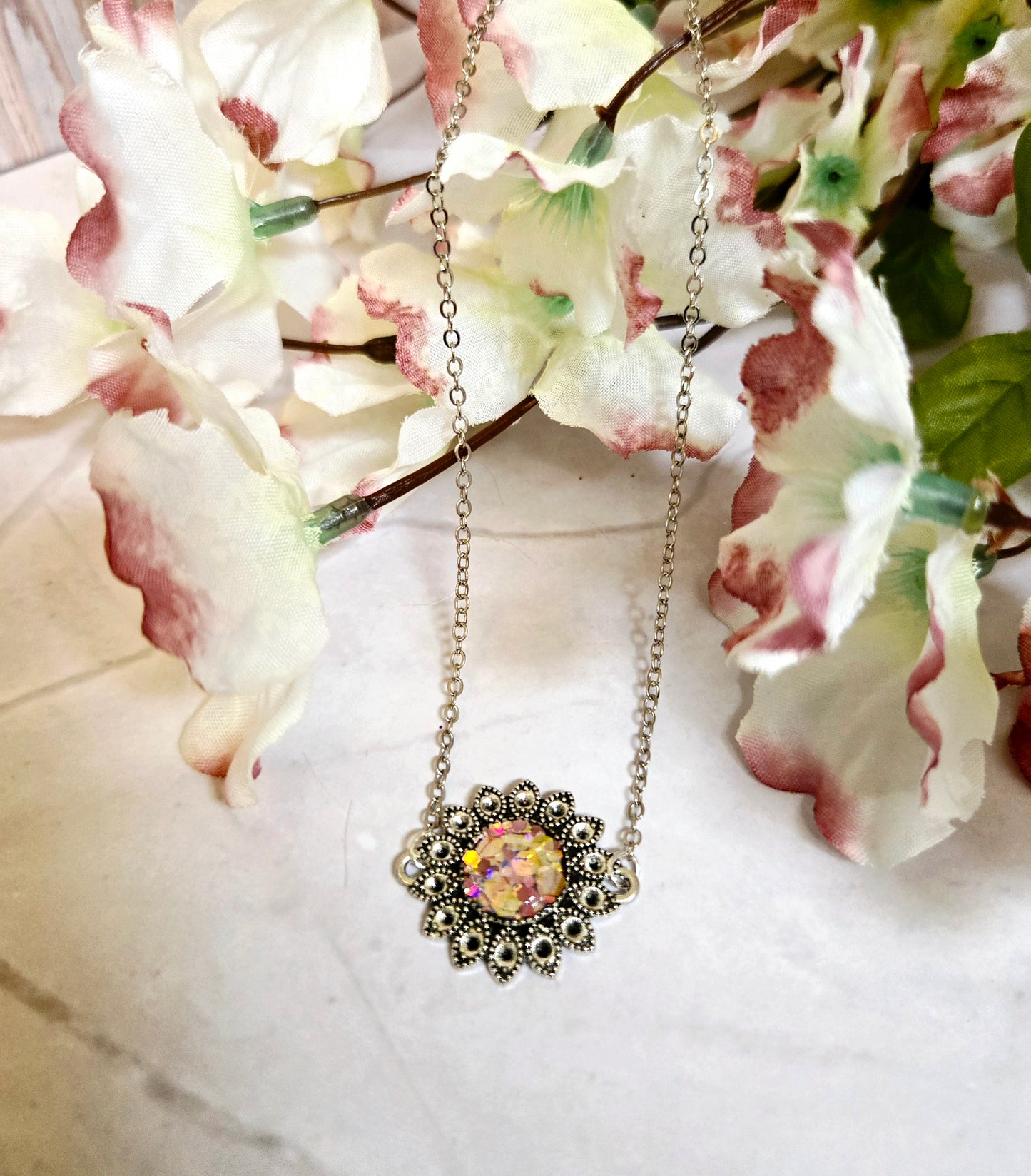 Iridescent Floral Crystal Necklace – Vintage Silver Sunburst Pendant