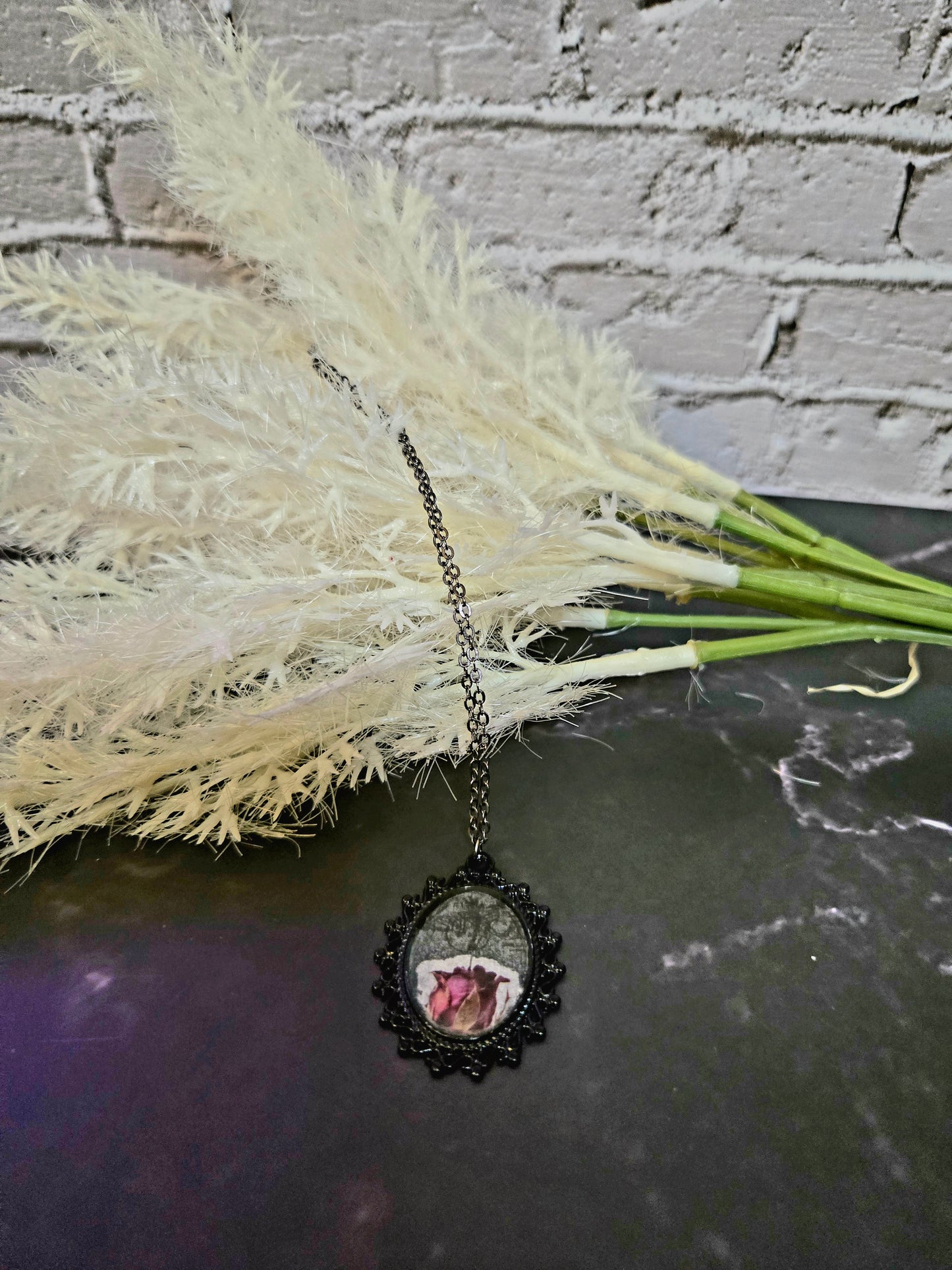 Vintage Rose Pendant Necklace – Flower Jewelry in Ornate Black Pendant