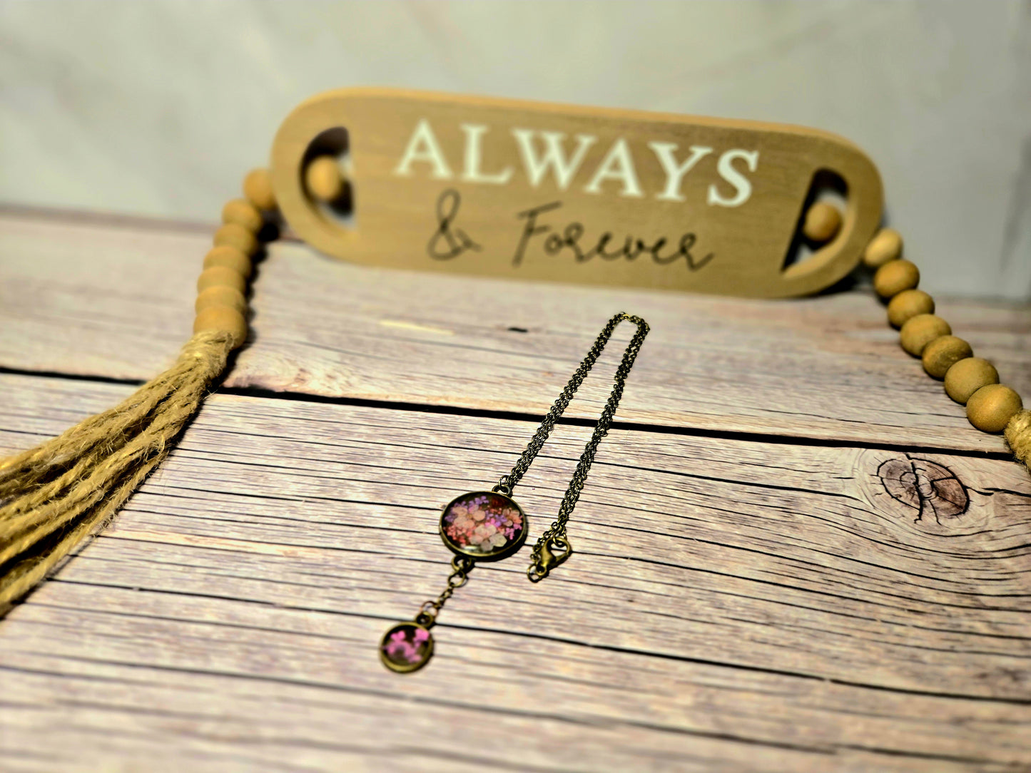 Pressed Flower Pendant Necklace – Antique Brass Double Bloom Design