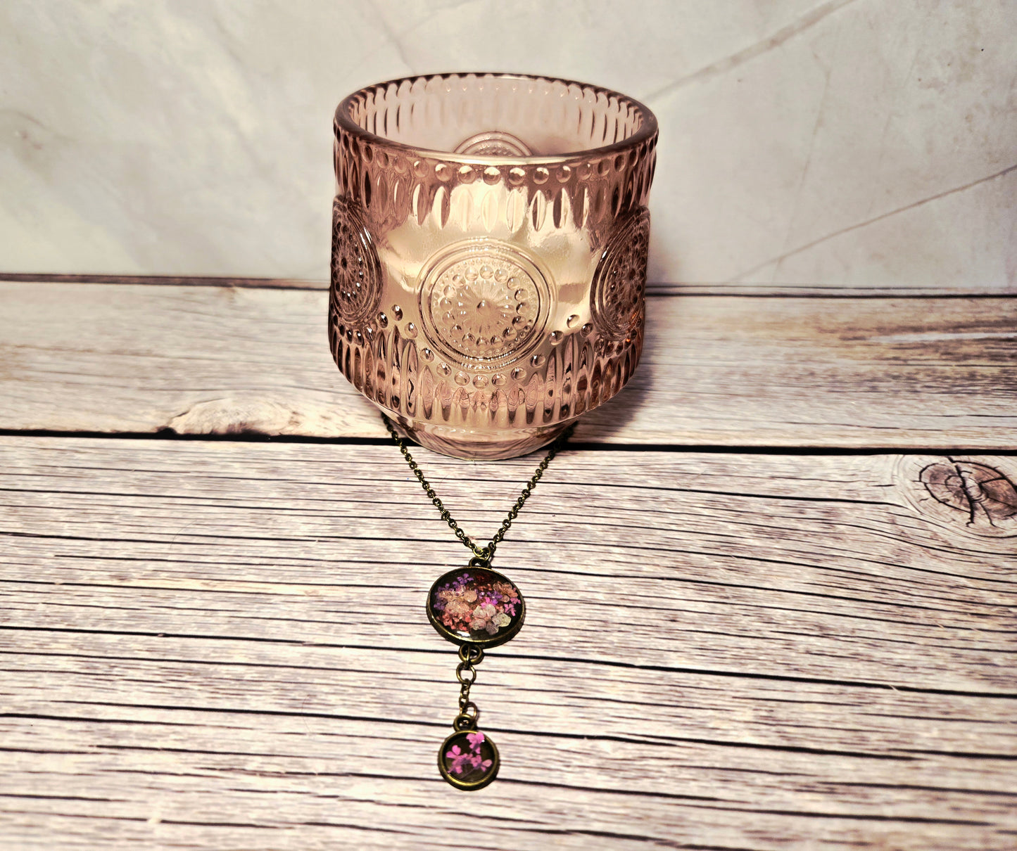 Pressed Flower Pendant Necklace – Antique Brass Double Bloom Design