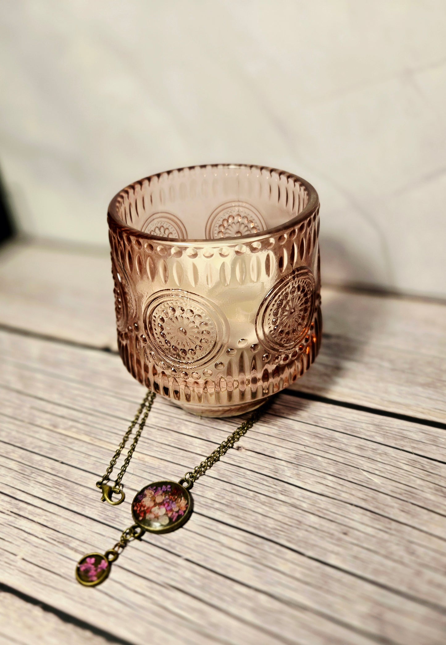 Pressed Flower Pendant Necklace – Antique Brass Double Bloom Design