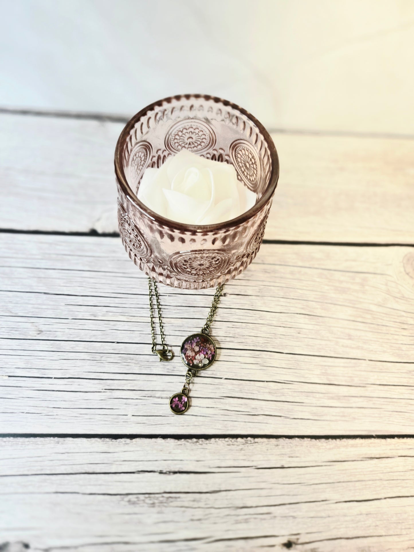 Pressed Flower Pendant Necklace – Antique Brass Double Bloom Design