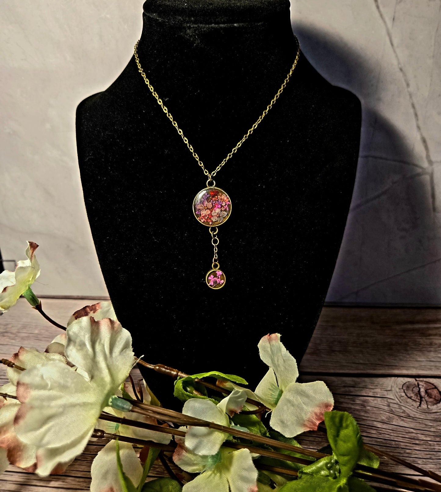 Pressed Flower Pendant Necklace – Antique Brass Double Bloom Design