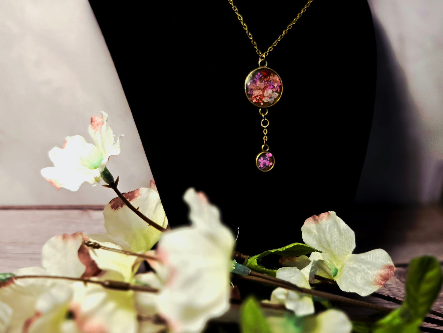 Pressed Flower Pendant Necklace – Antique Brass Double Bloom Design