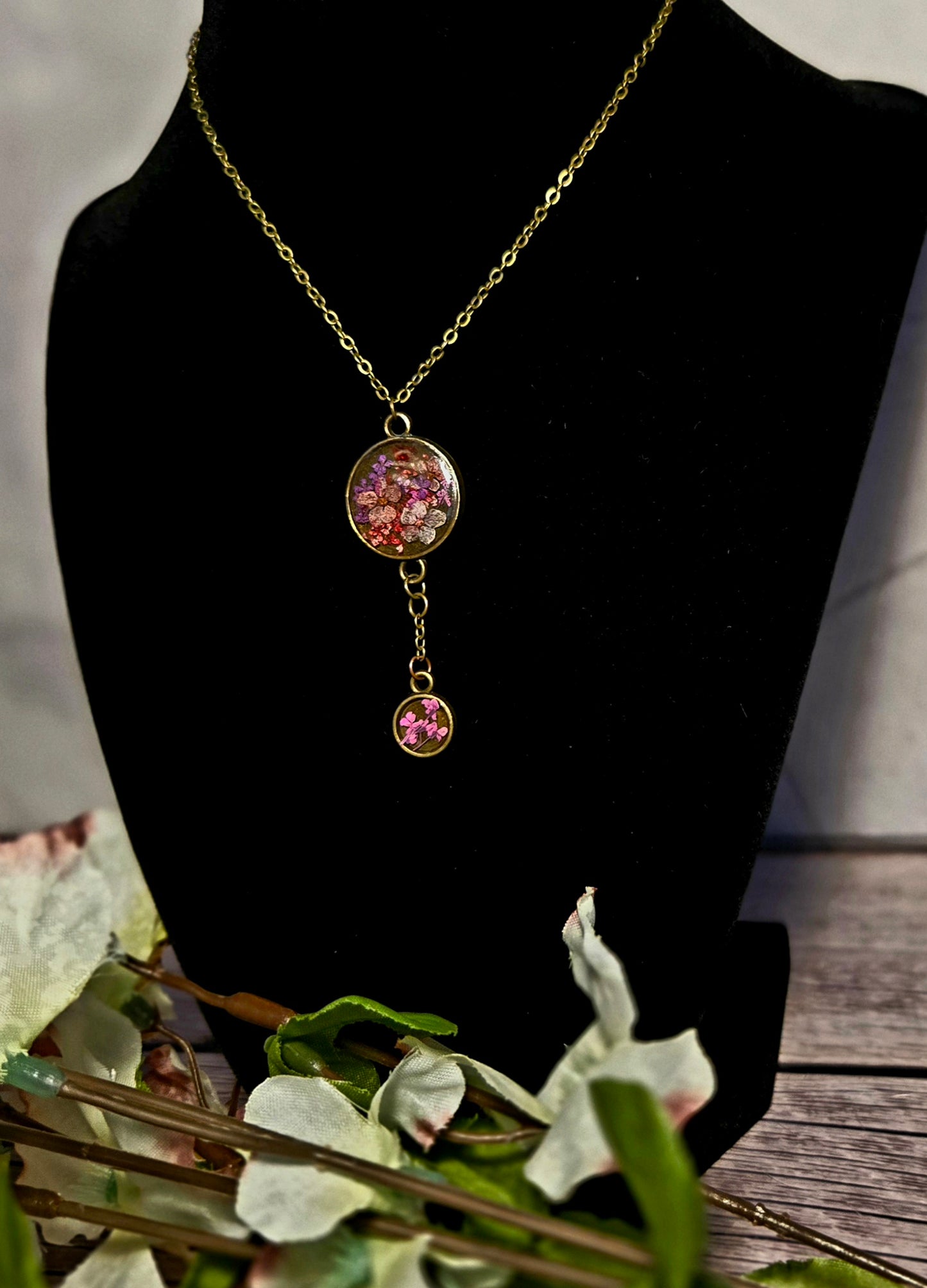 Pressed Flower Pendant Necklace – Antique Brass Double Bloom Design