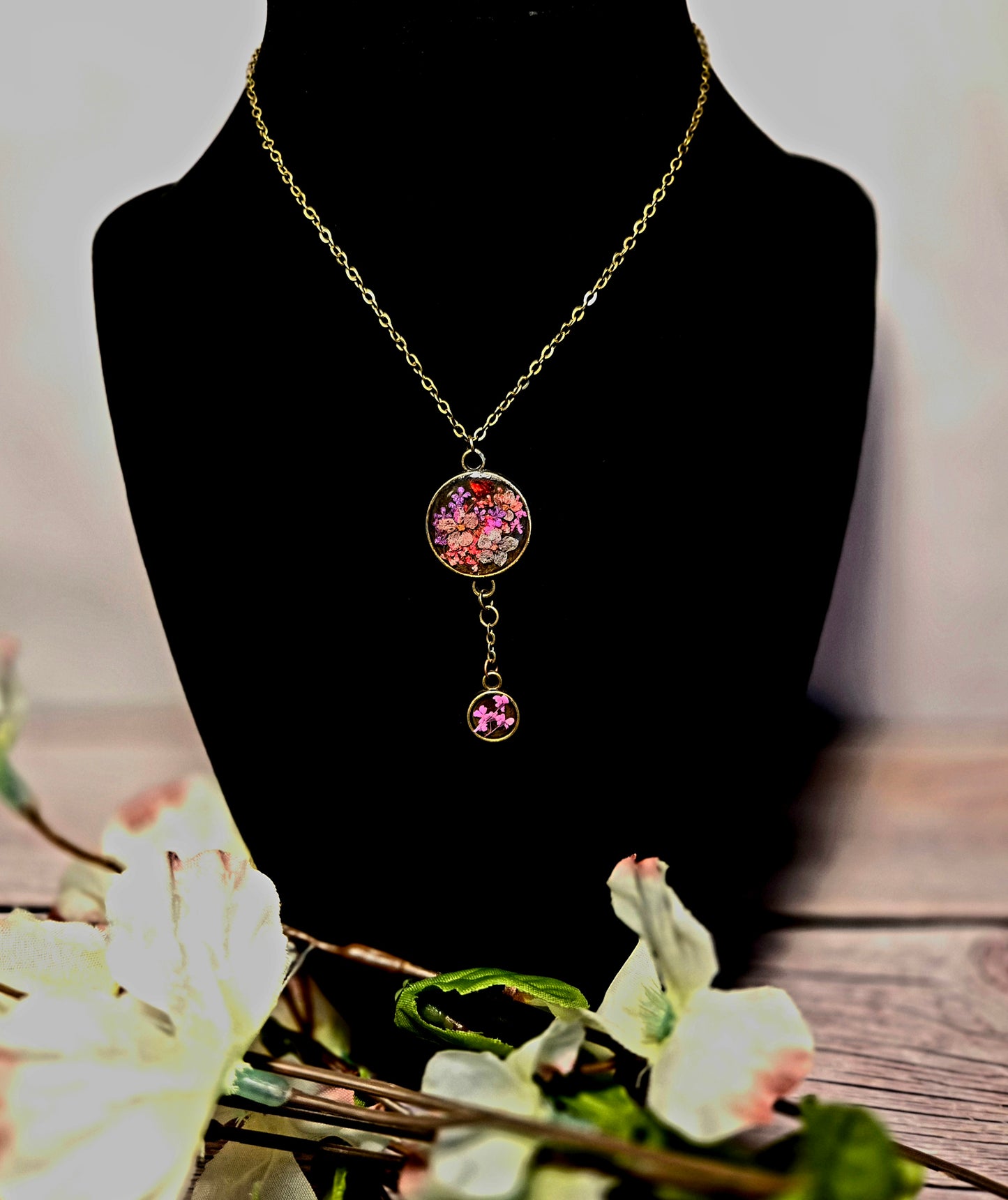 Pressed Flower Pendant Necklace – Antique Brass Double Bloom Design