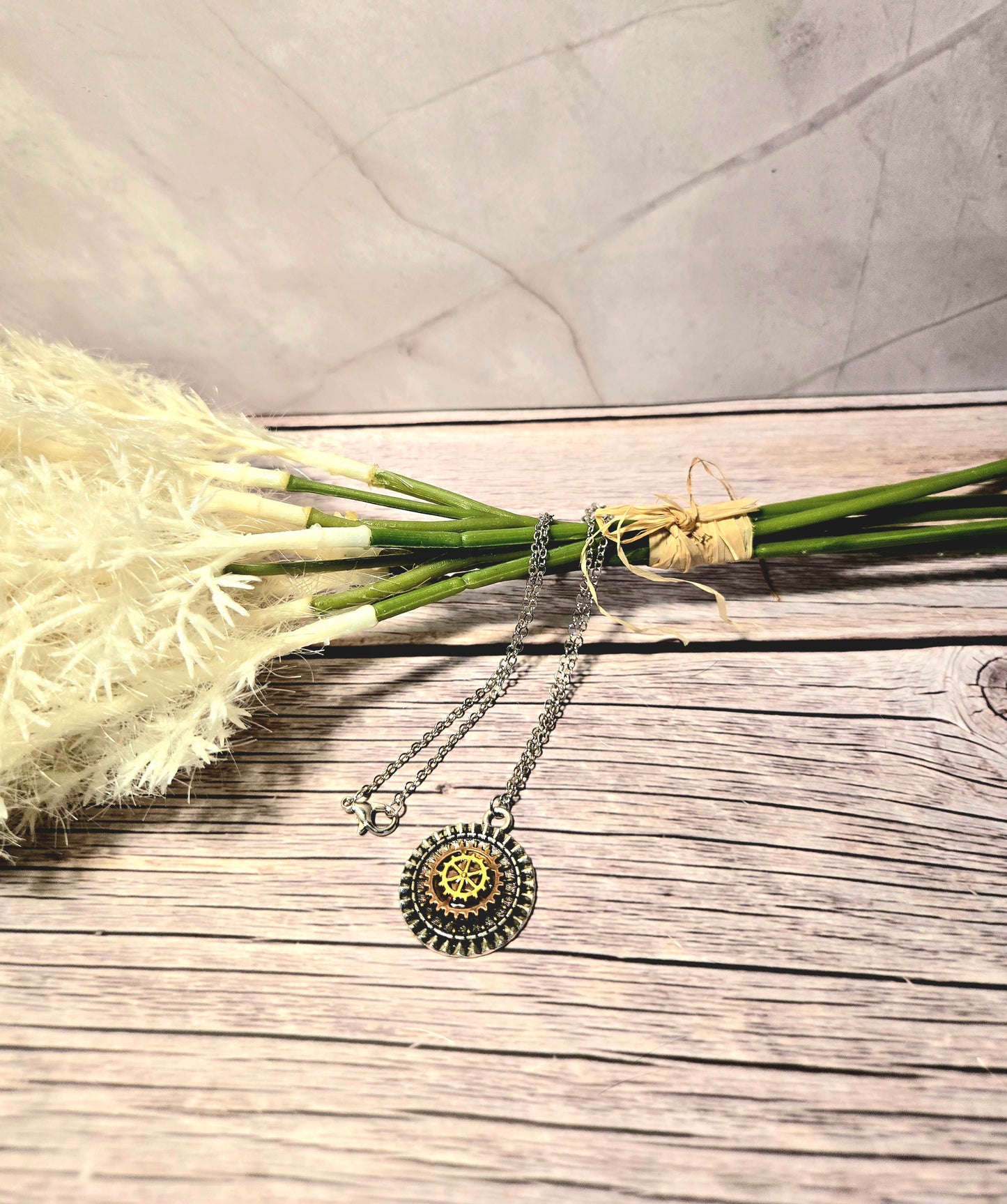 Celestial Gear Pendant Necklace – Vintage Brass & Crystal Industrial Charm