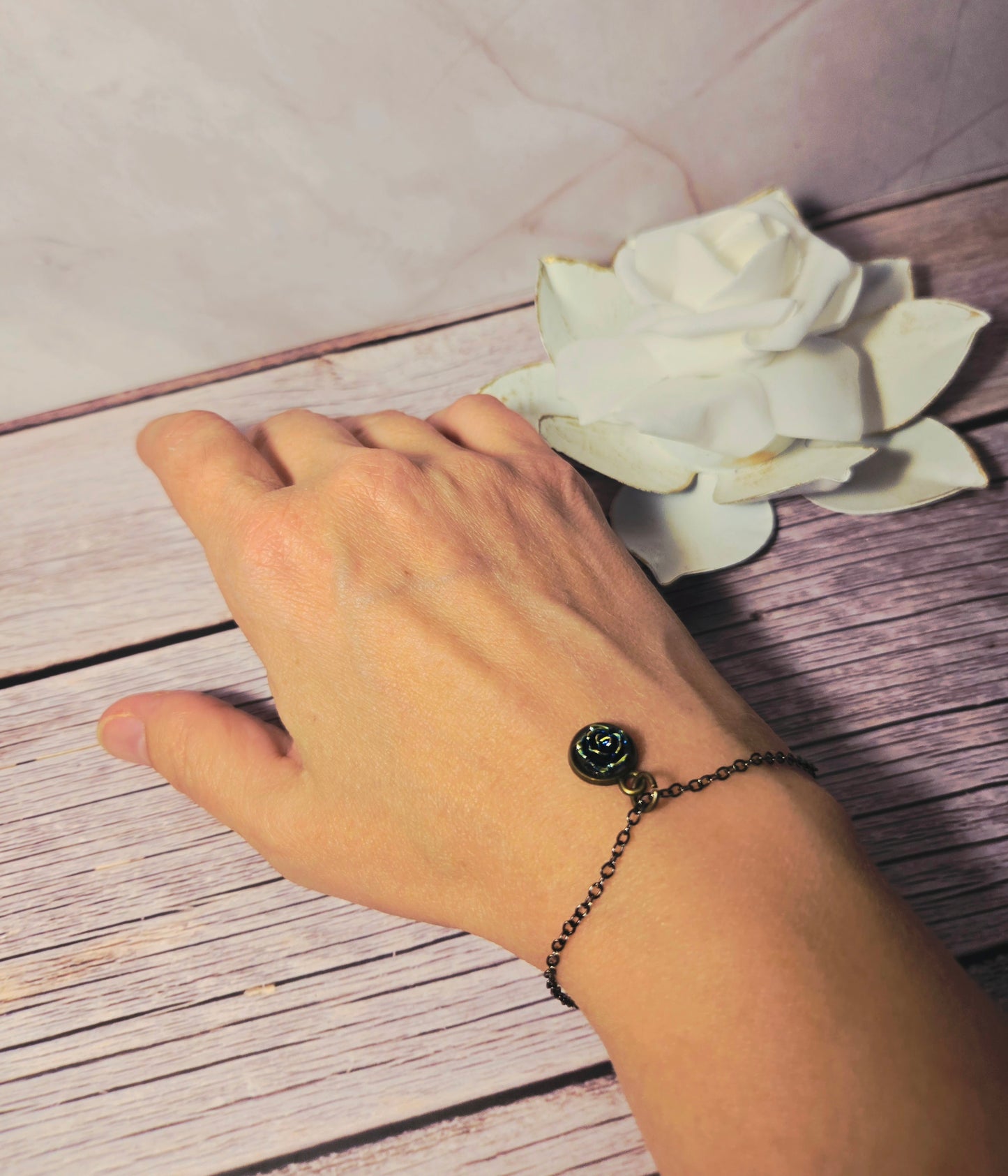 Blue Rose Charm Bracelet – Black Chain Vintage Style Bracelet with Gold Accents | Dainty Floral Jewelry Gift for Her