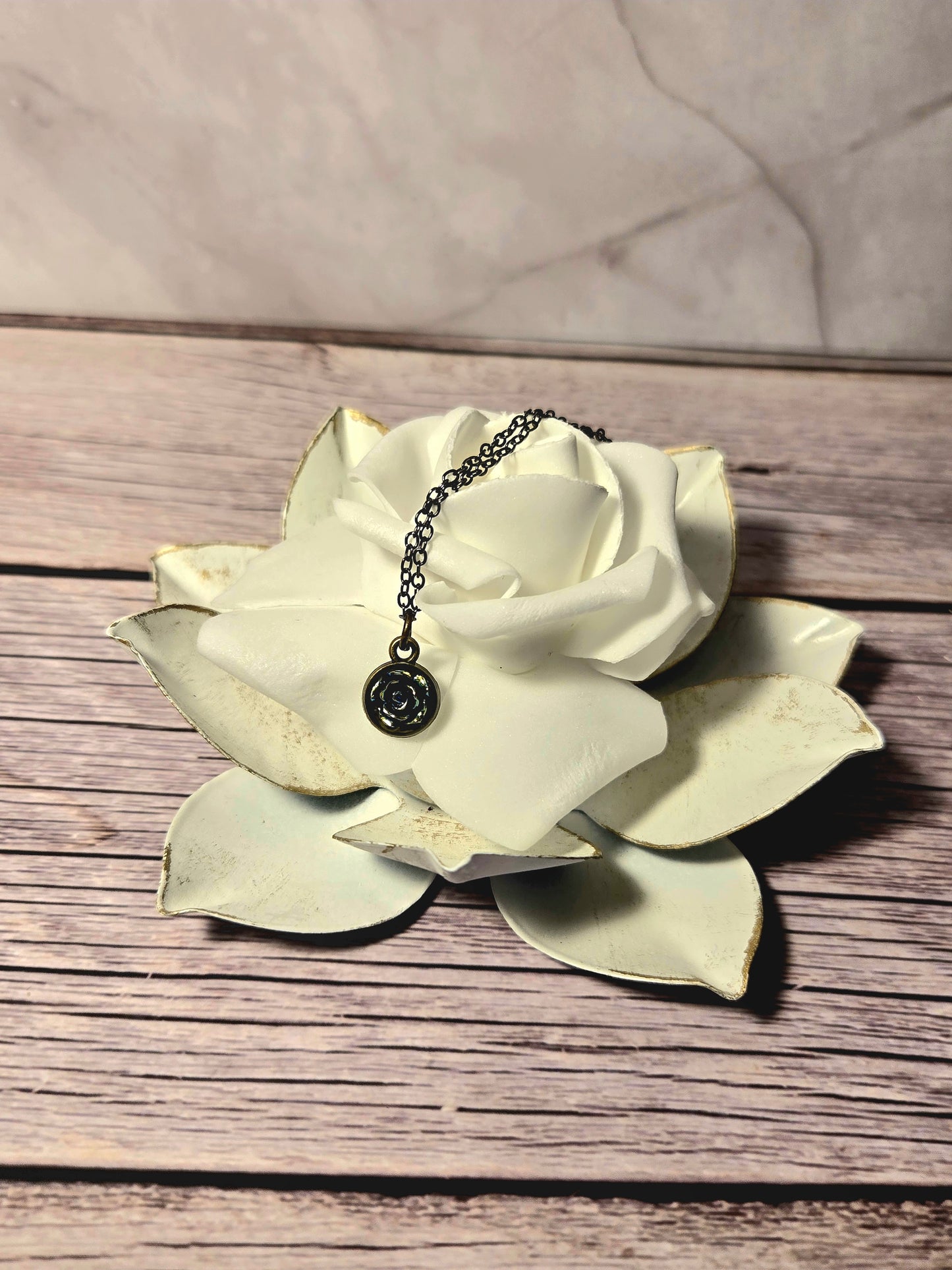 Blue Rose Charm Bracelet – Black Chain Vintage Style Bracelet with Gold Accents | Dainty Floral Jewelry Gift for Her