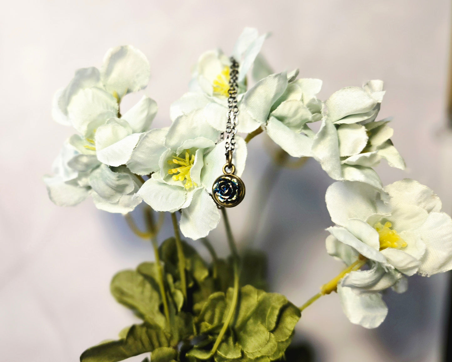 Blue Rose Charm Bracelet – Black Chain Vintage Style Bracelet with Gold Accents | Dainty Floral Jewelry Gift for Her