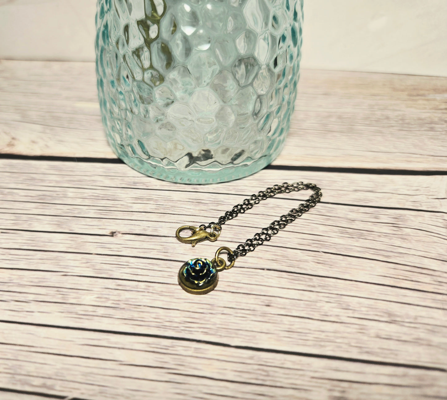 Blue Rose Charm Bracelet – Black Chain Vintage Style Bracelet with Gold Accents | Dainty Floral Jewelry Gift for Her