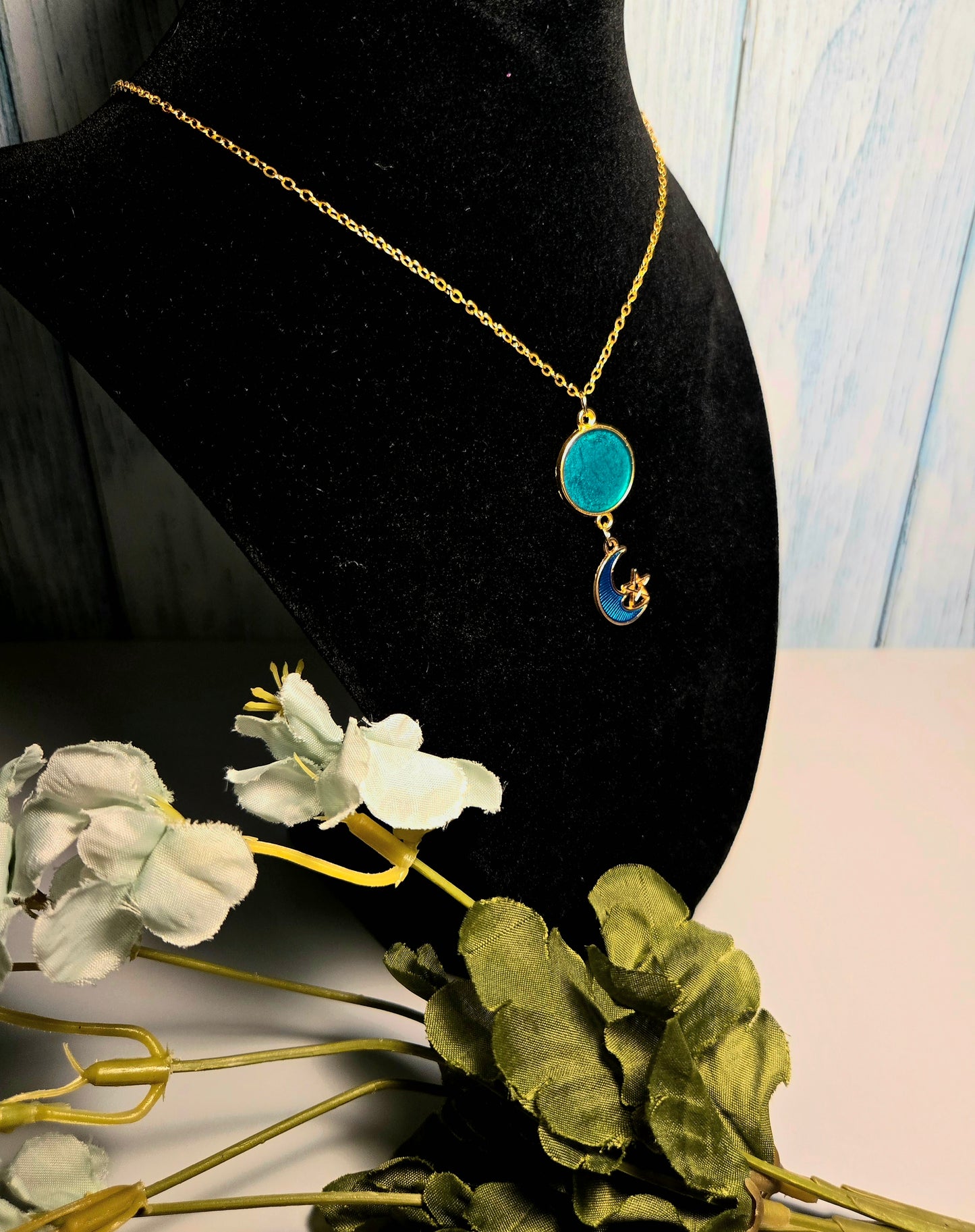 Turquoise Moon & Star Pendant Necklace • Gold Celestial Charm Jewelry • Boho Spiritual Crescent Moon Necklace