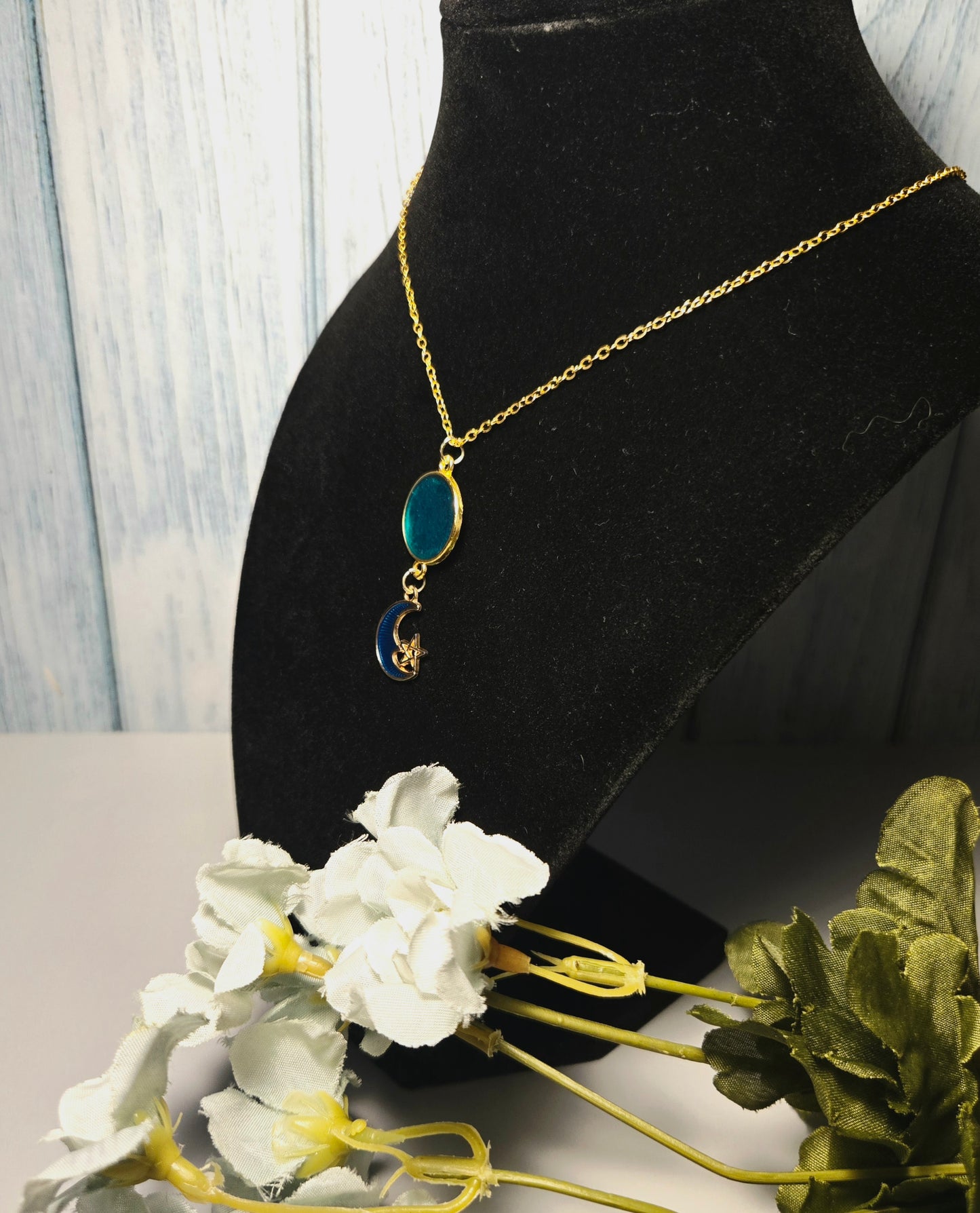 Turquoise Moon & Star Pendant Necklace • Gold Celestial Charm Jewelry • Boho Spiritual Crescent Moon Necklace
