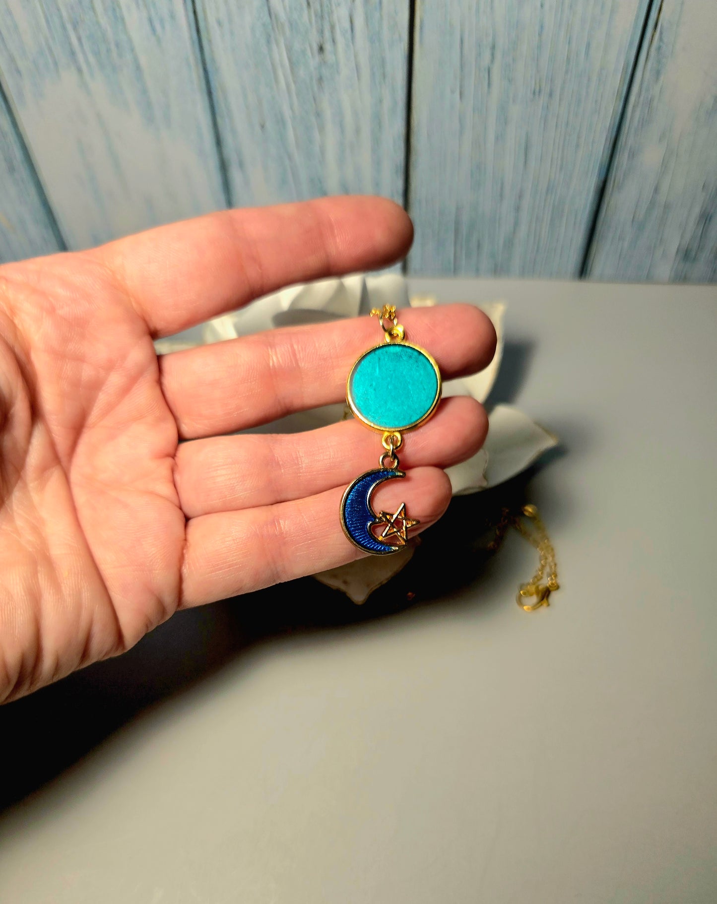 Turquoise Moon & Star Pendant Necklace • Gold Celestial Charm Jewelry • Boho Spiritual Crescent Moon Necklace