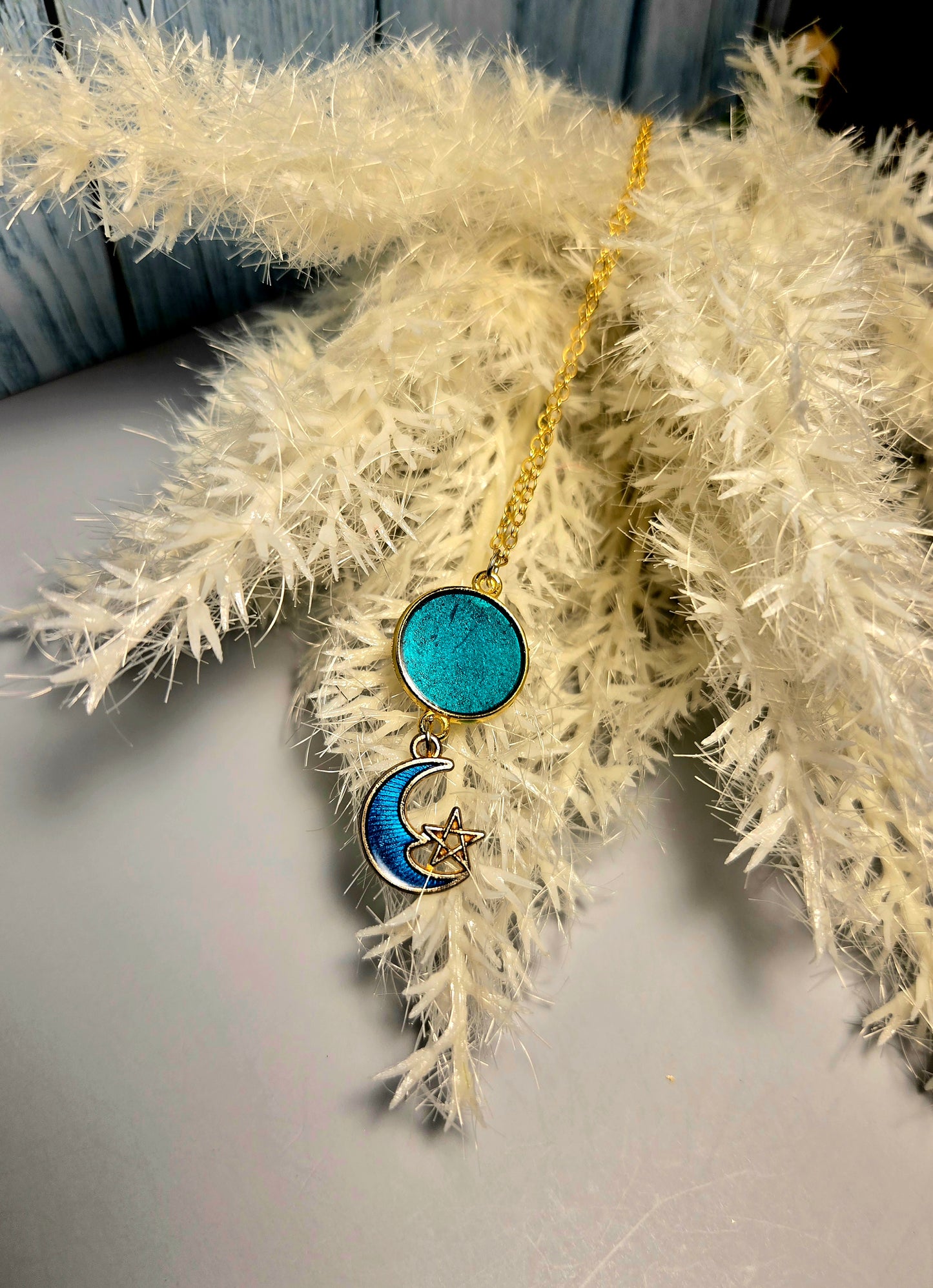 Turquoise Moon & Star Pendant Necklace • Gold Celestial Charm Jewelry • Boho Spiritual Crescent Moon Necklace