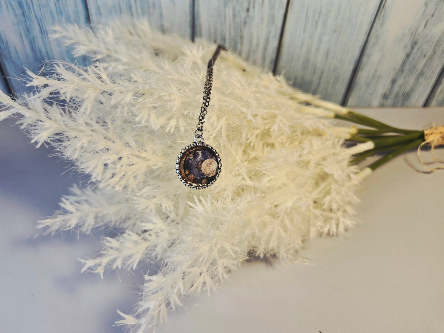 Celestial Moon Pendant Necklace – Steampunk Galaxy Jewelry with Full Moon & Crescent Moon – Cosmic Night Sky Gift for Her