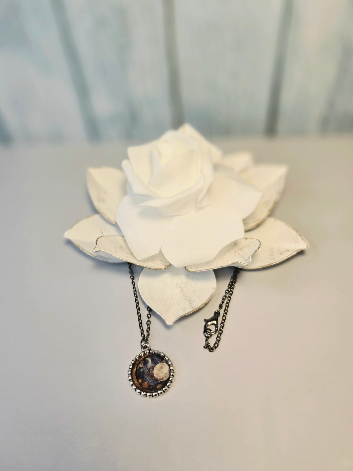 Celestial Moon Pendant Necklace – Steampunk Galaxy Jewelry with Full Moon & Crescent Moon – Cosmic Night Sky Gift for Her