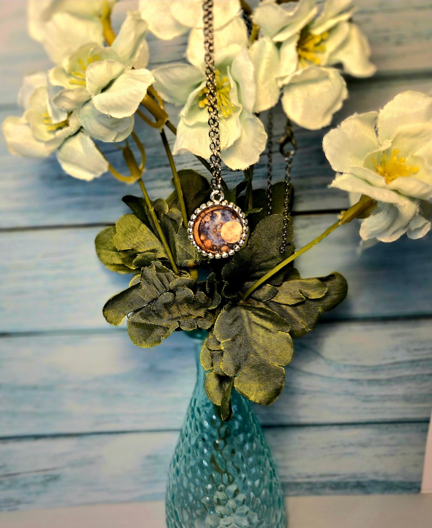 Celestial Moon Pendant Necklace – Steampunk Galaxy Jewelry with Full Moon & Crescent Moon – Cosmic Night Sky Gift for Her