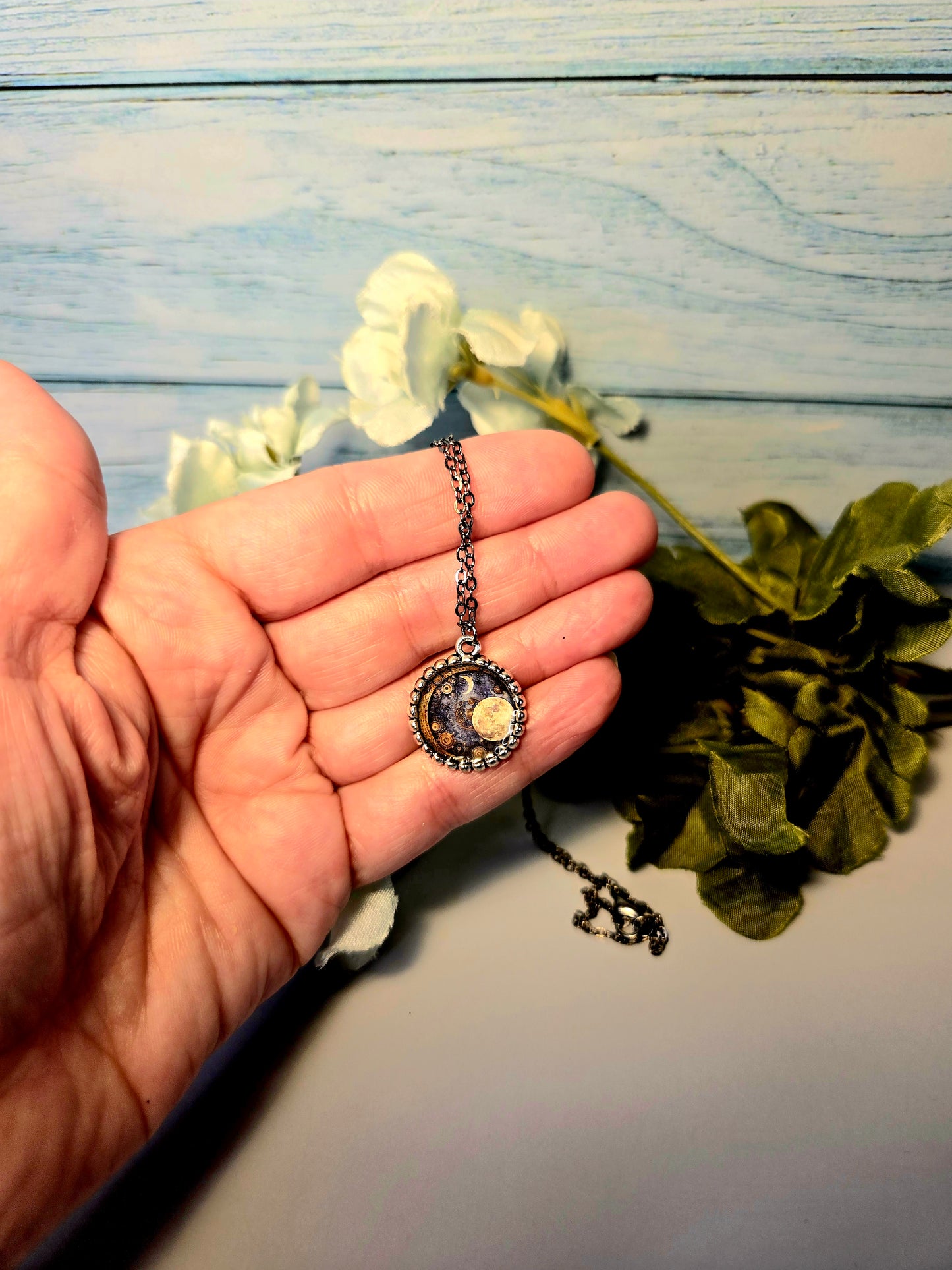 Celestial Moon Pendant Necklace – Steampunk Galaxy Jewelry with Full Moon & Crescent Moon – Cosmic Night Sky Gift for Her