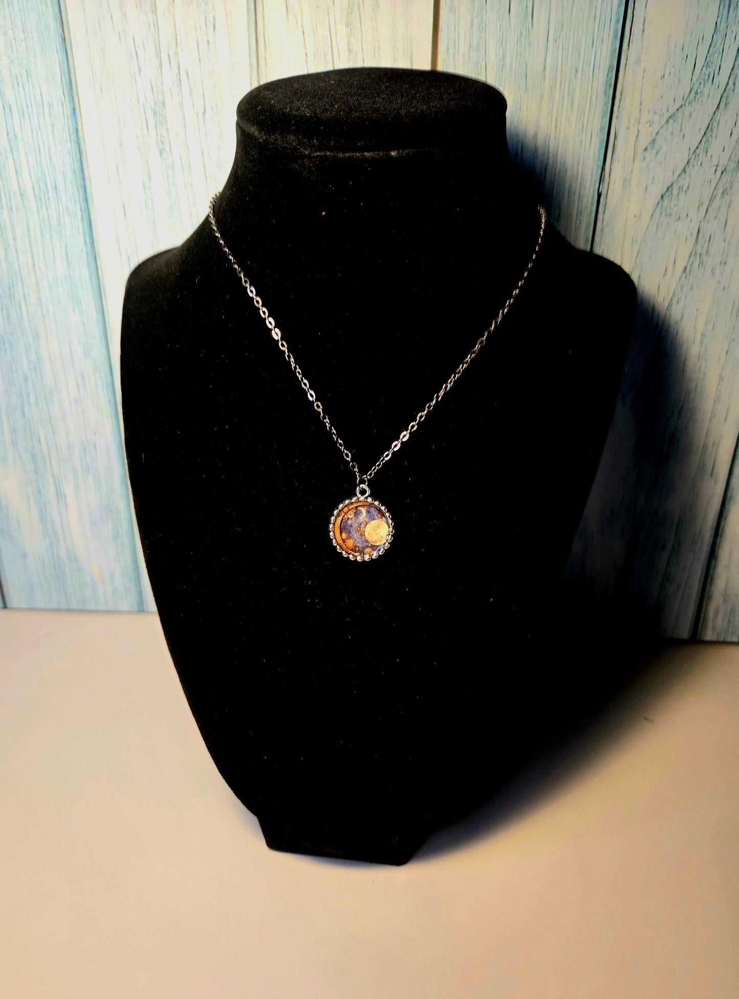 Celestial Moon Pendant Necklace – Steampunk Galaxy Jewelry with Full Moon & Crescent Moon – Cosmic Night Sky Gift for Her